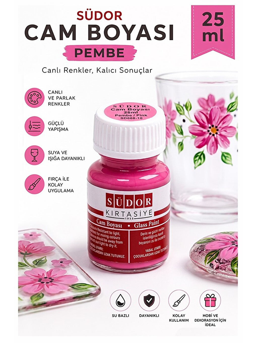 Cam Boyası Vitray Boyası 25 Ml 1 Adet Südor Su Bazlı Renkli Cam Vitray Boyası Sanat Hobi