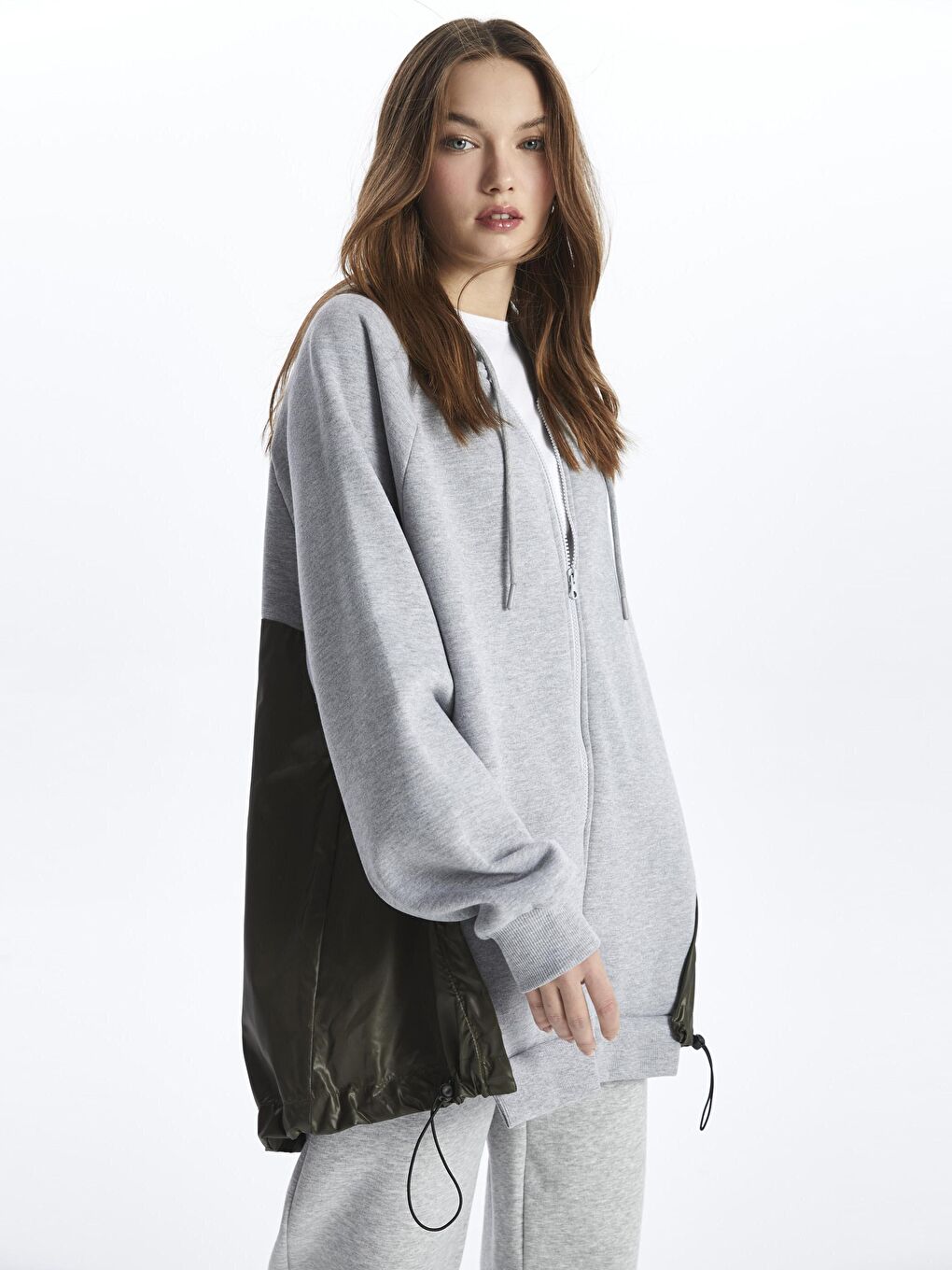 Dexia Gri-Haki Fermuarlı Kapuşonlu Kumaş Karışımlı Oversize Sweatshirt - Tokyo