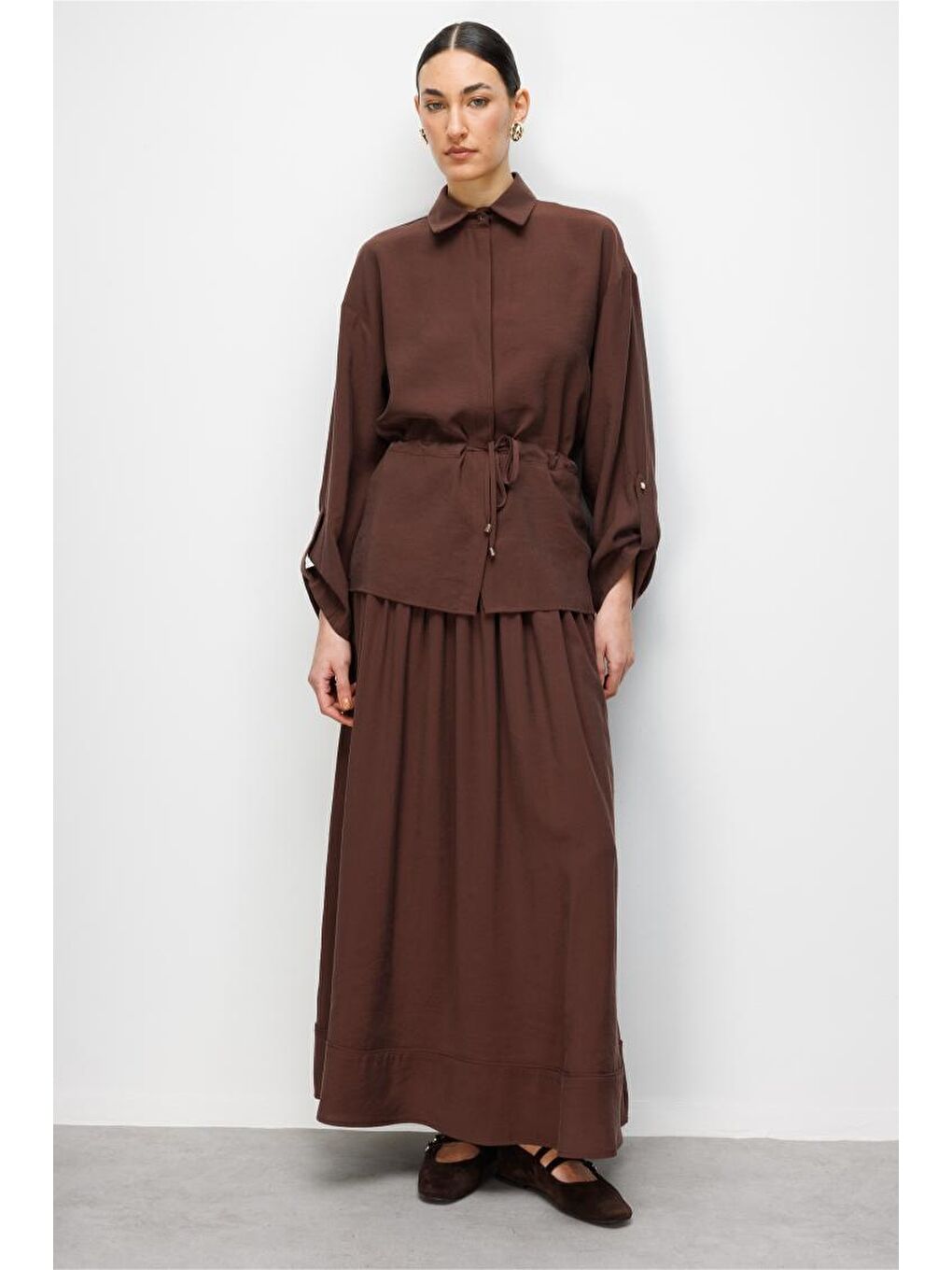 Mizallle Kahverengi  Beli Büzgülü Viskoz Tunik