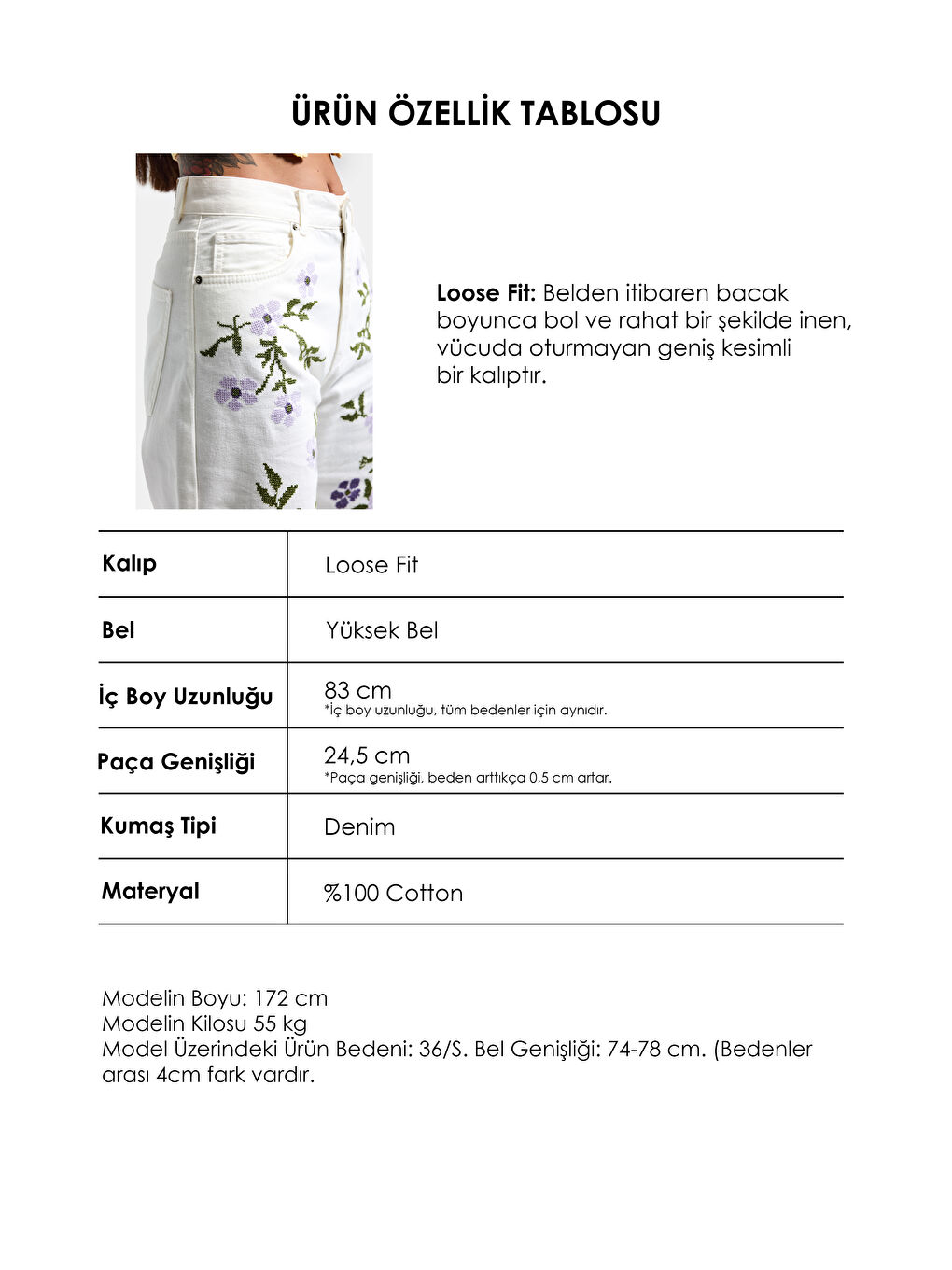 Kadın Kırık Beyaz 7s6-101 Loose Fit Çiçek Desen Nakışlı Özel Tasarım Denim Jean-2