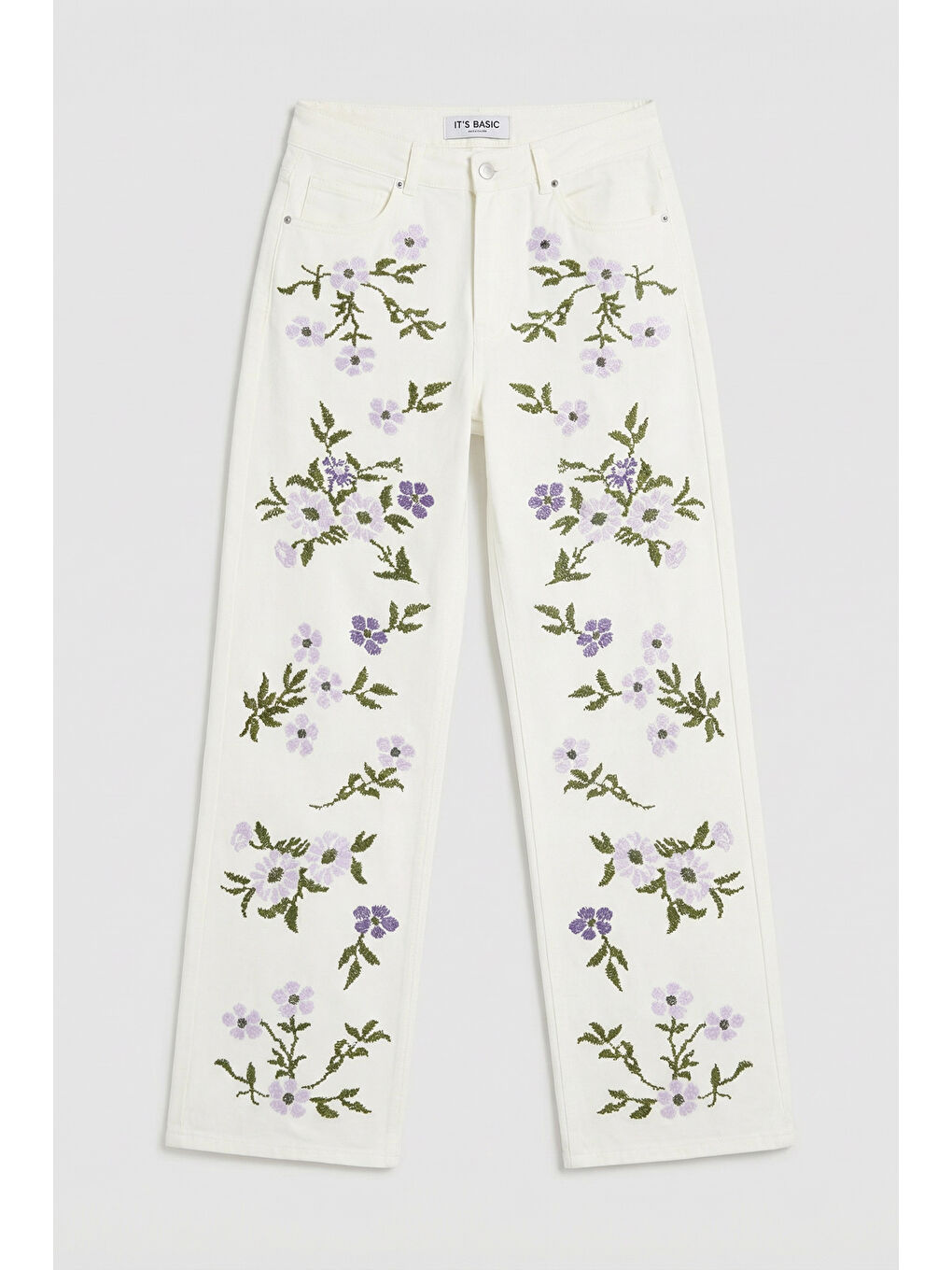 Kadın Kırık Beyaz 7s6-101 Loose Fit Çiçek Desen Nakışlı Özel Tasarım Denim Jean-5