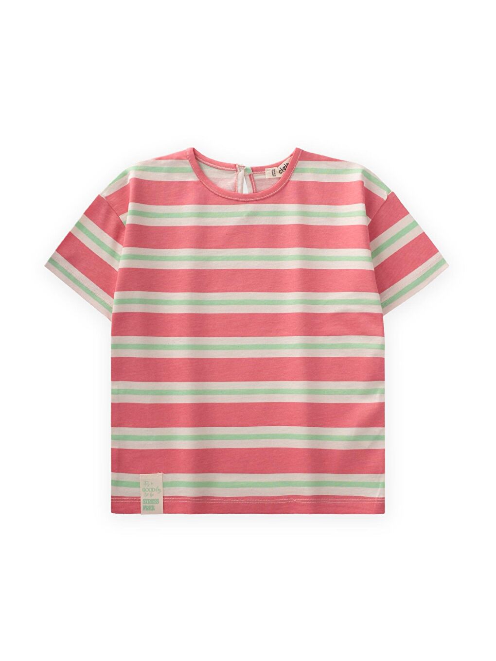 Çizgili Kız T-Shırt 2-10 Yaş Pembe Yeşil Çizgili