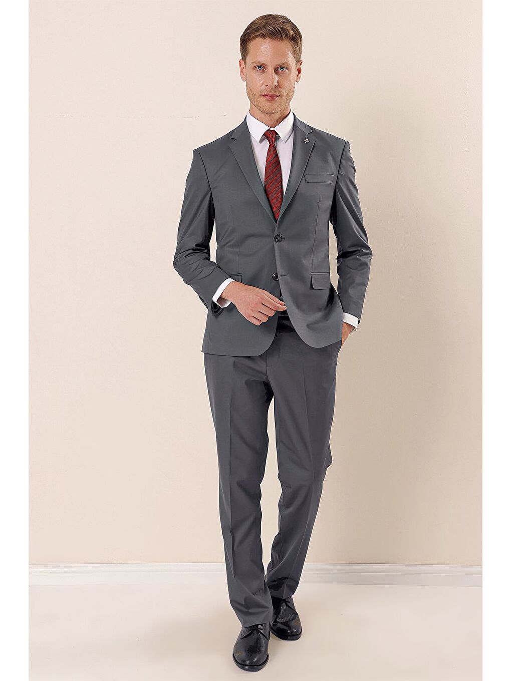 Antrasit Mono Yaka Astarlı Çift Yırtmaç 4 Drop Comfort Fit Rahat Kesim Klasik Takım 1001230172-1