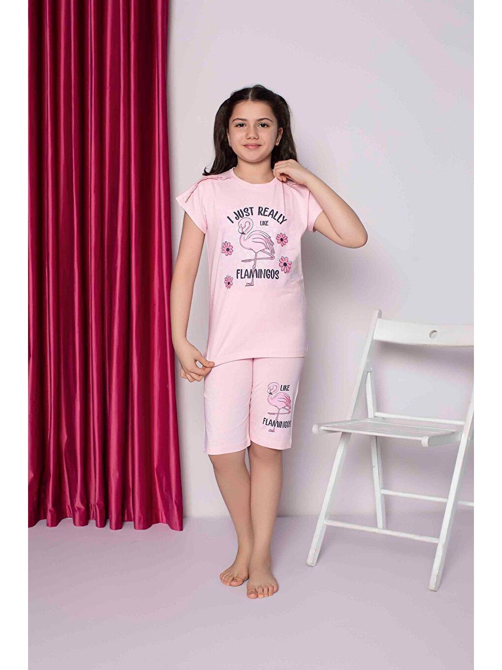 Kompedan Pembe Kız Çocuk Penye Kısa Kollu Kaprili Pijama Takımı | Pembe 2658