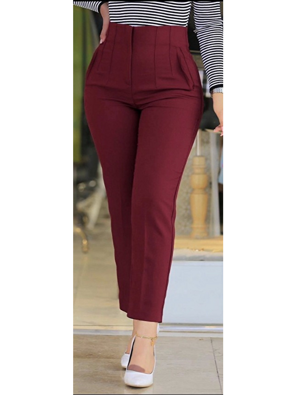 Bordo Kadın Üste Oturan Paçası Bilek Üzerinde Biten Atlas Kumaş Pantolon 36 (s) - 48 (4xl)-1
