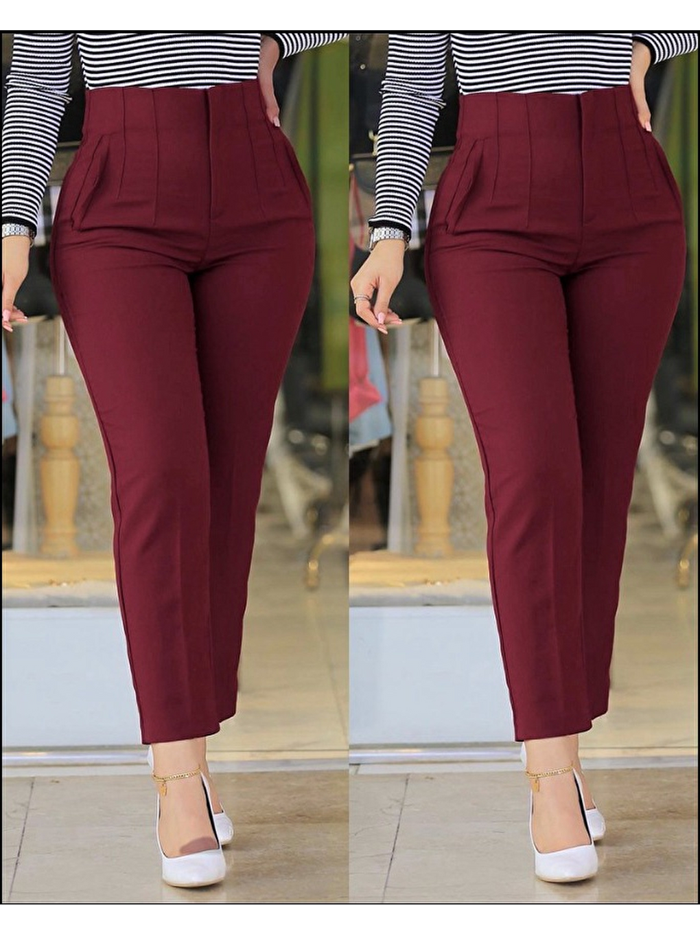 Bordo Kadın Üste Oturan Paçası Bilek Üzerinde Biten Atlas Kumaş Pantolon 36 (s) - 48 (4xl)-3