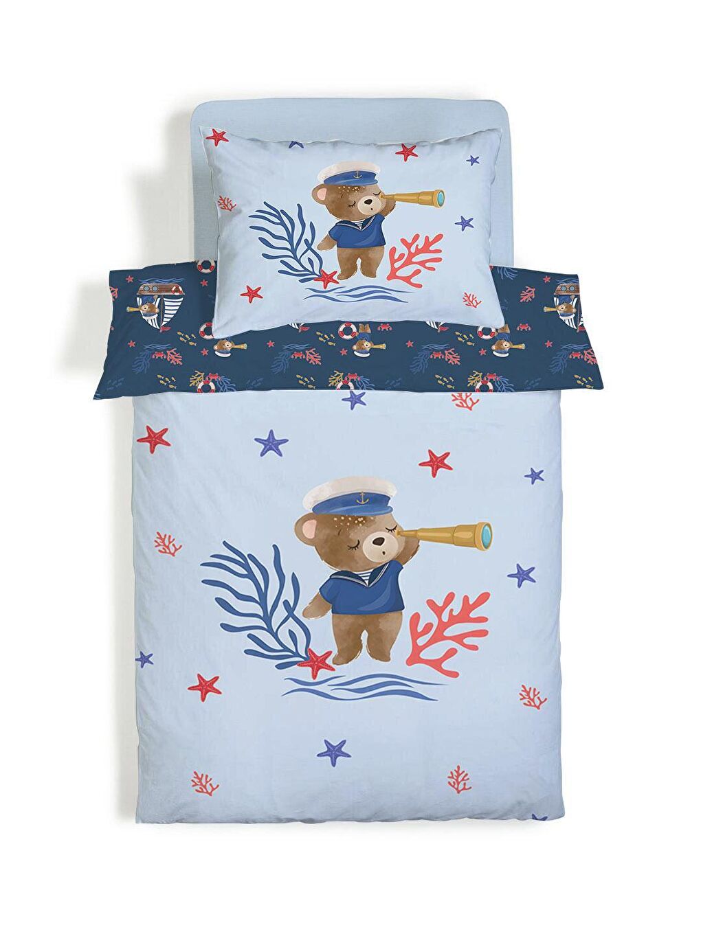 Gözcü Ayı Desenli Çarşafsız 2'li Takım Baskılı Tek Kişilik Nevresim Takımı Mavi 160x220 cm-1