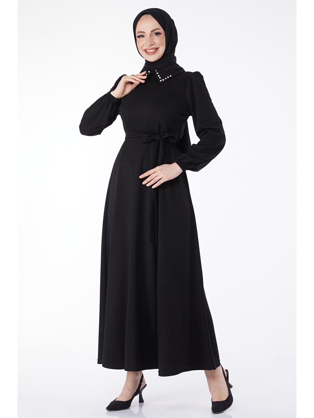 Gömlek Yaka Kadın Siyah Yaka Taş Detaylı Kuşaklı Elbise - 24758
