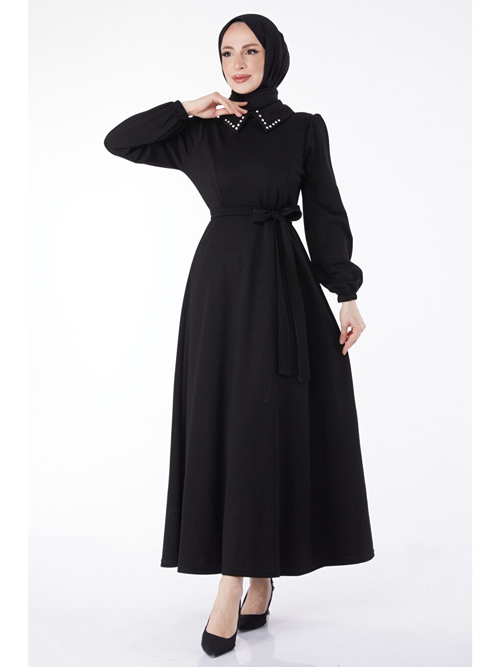 Gömlek Yaka Kadın Siyah Yaka Taş Detaylı Kuşaklı Elbise - 24758-1