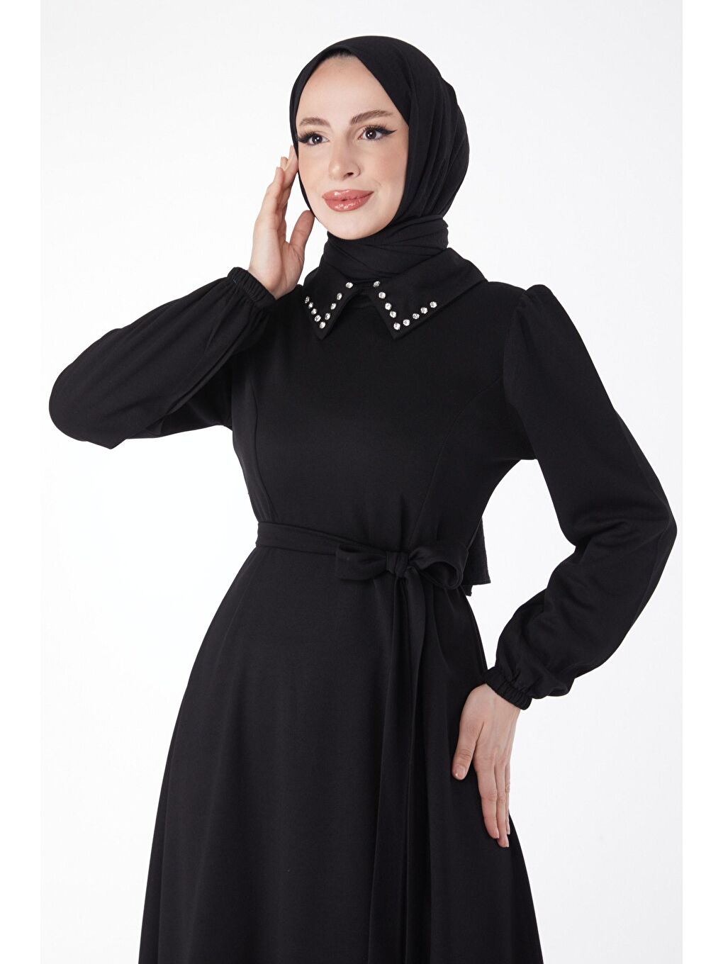 Gömlek Yaka Kadın Siyah Yaka Taş Detaylı Kuşaklı Elbise - 24758-2