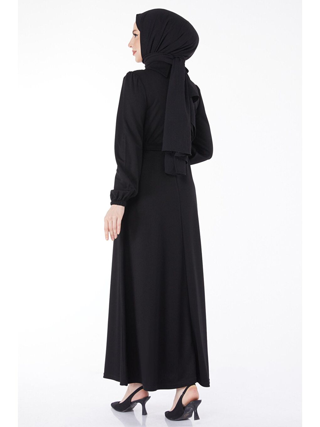 Gömlek Yaka Kadın Siyah Yaka Taş Detaylı Kuşaklı Elbise - 24758-4