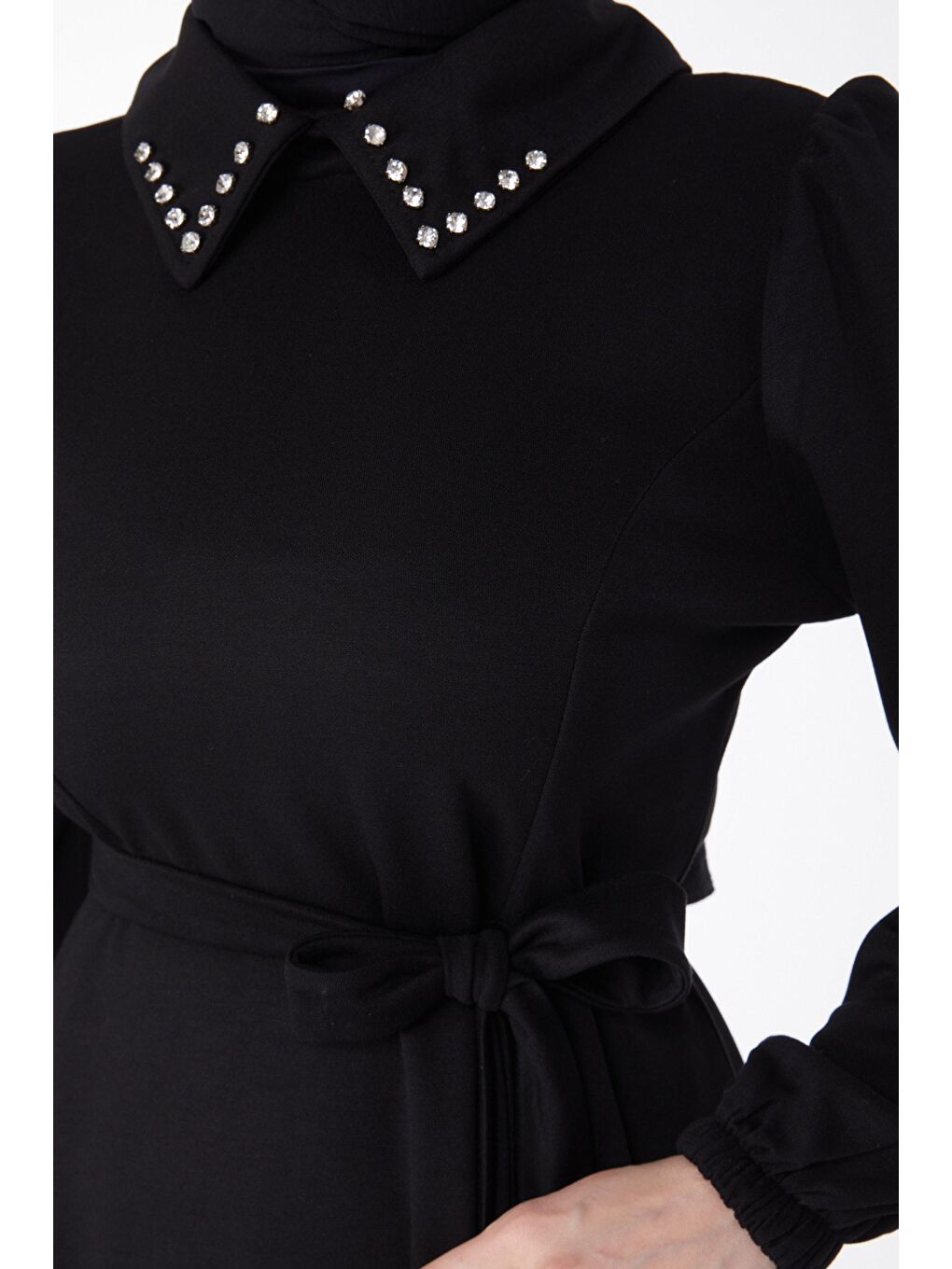 Gömlek Yaka Kadın Siyah Yaka Taş Detaylı Kuşaklı Elbise - 24758-5