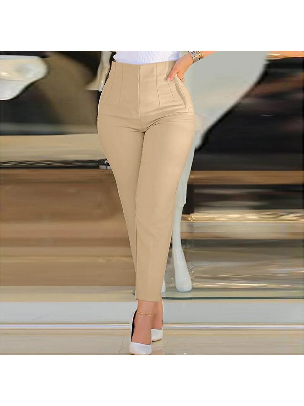 Ekru Kadın Üste Oturan Paçası Bilek Üzerinde Biten Krep Kumaş Pantolon 36 (s) - 50 (5xl)