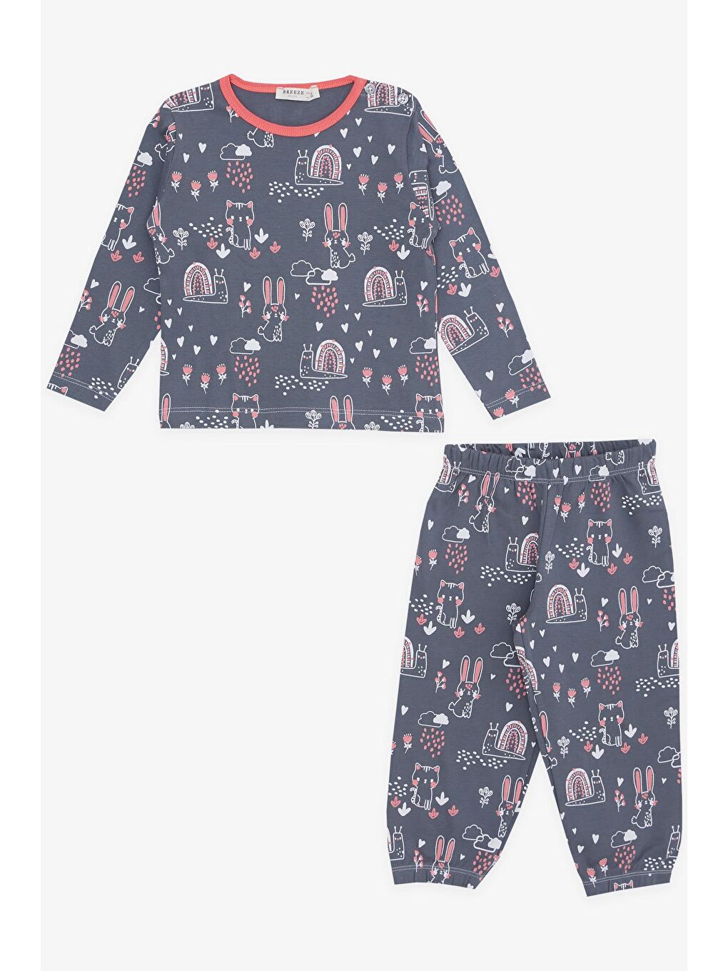 Gri Kız Bebek Pijama Takımı Hayvancık Desenli Doğa Temalı Füme (1 Yaş)