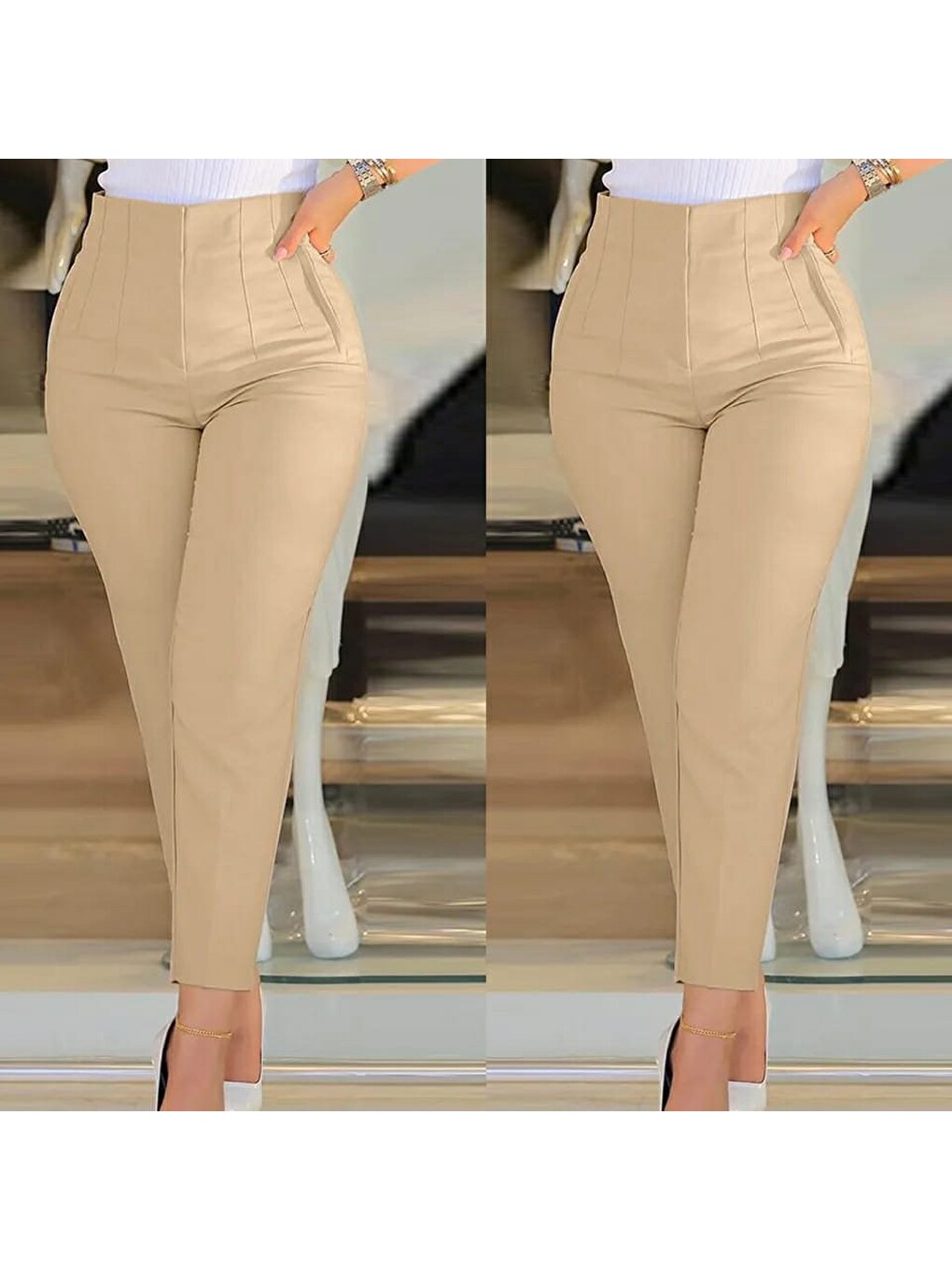 Ekru Kadın Üste Oturan Paçası Bilek Üzerinde Biten Krep Kumaş Pantolon 36 (s) - 50 (5xl)-1