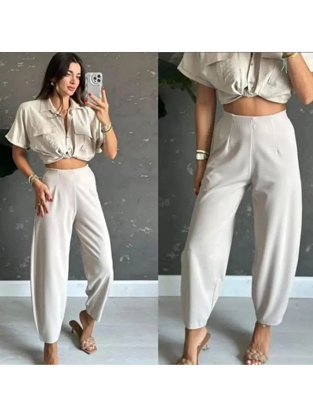 Beyaz Kadın Krep Kumaş Balon Pantolon-1
