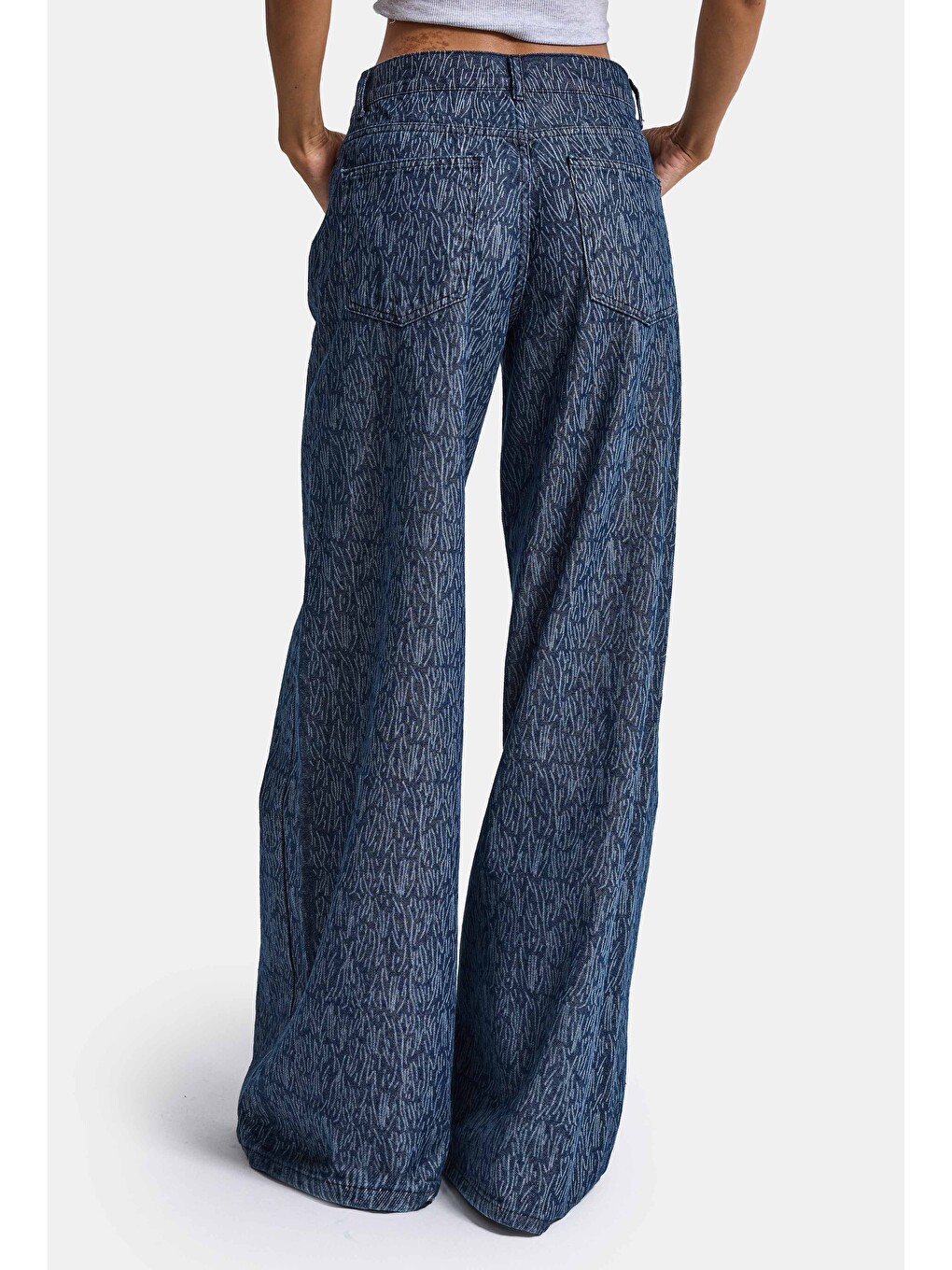 Kadın Mavi 9w6-197 Palazzo Fit Özel Desenli Kumaş Tasarım Denim Jean-1