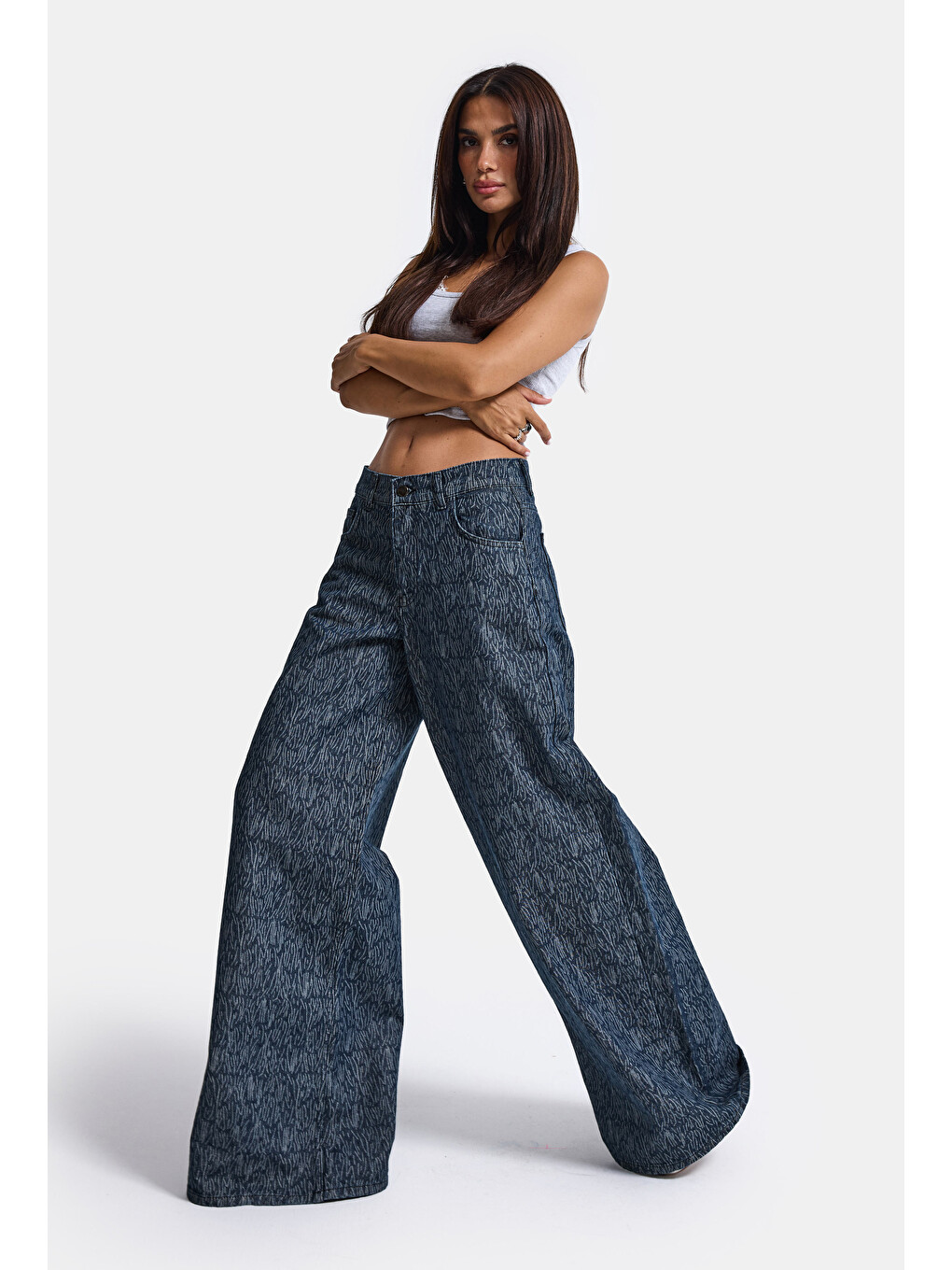 Kadın Mavi 9w6-197 Palazzo Fit Özel Desenli Kumaş Tasarım Denim Jean-2