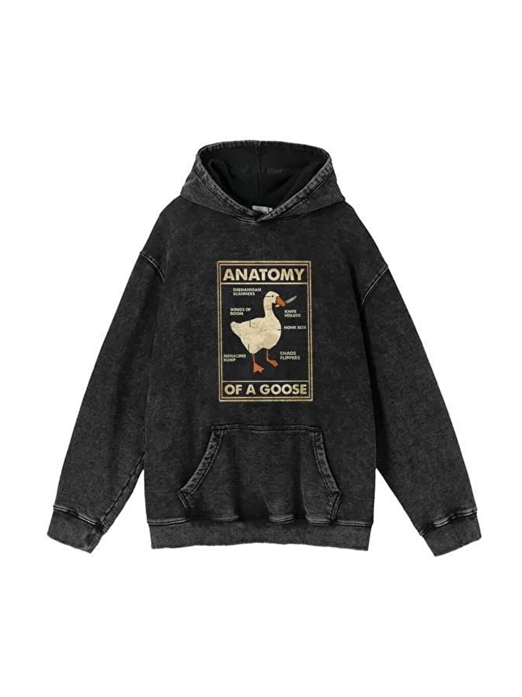 Touz Moda Antrasit Duck Anatomy Baskılı Yıkamalı Vintage Unisex Oversize Kapüşonlu Sweatshirt