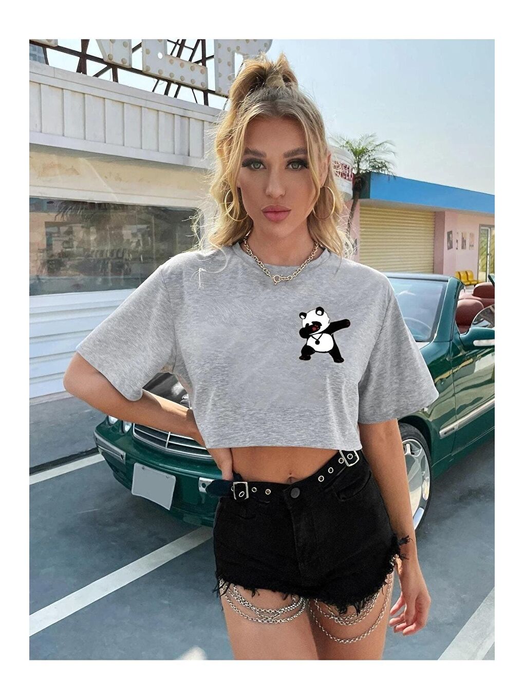 Kadın Gri Panda Baskılı Oversize Crop