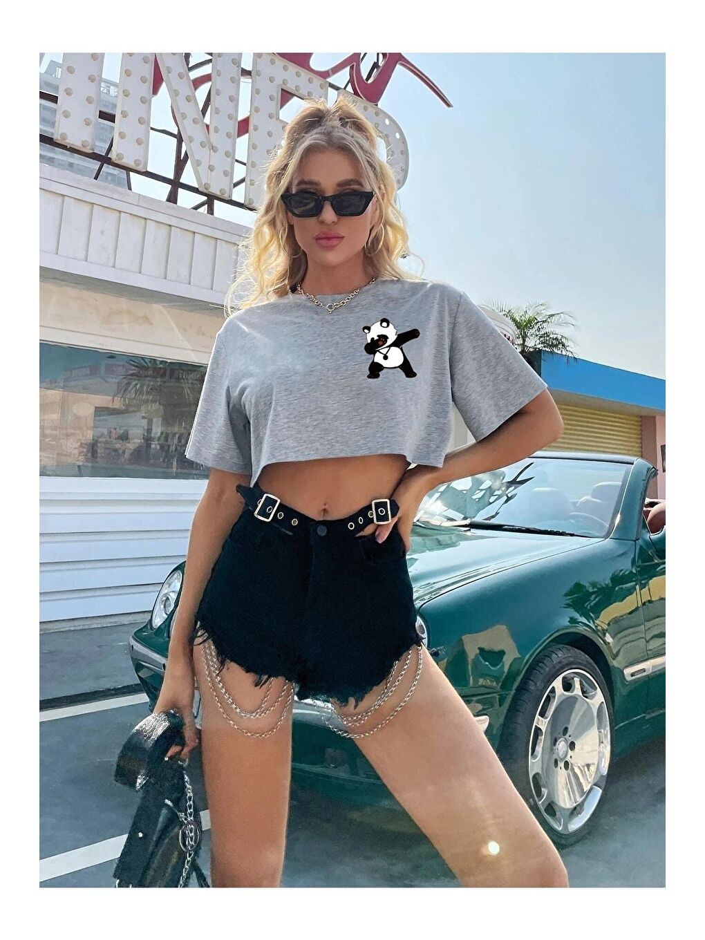 Kadın Gri Panda Baskılı Oversize Crop-1