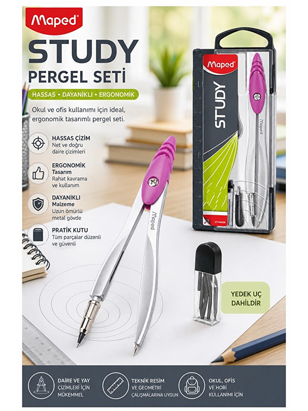 Pembe Metal Pergel 1 Adet Maped 119450 Pergel Seti Teknik Çizim Matematik Geometri Pergel Yedek Uçlu