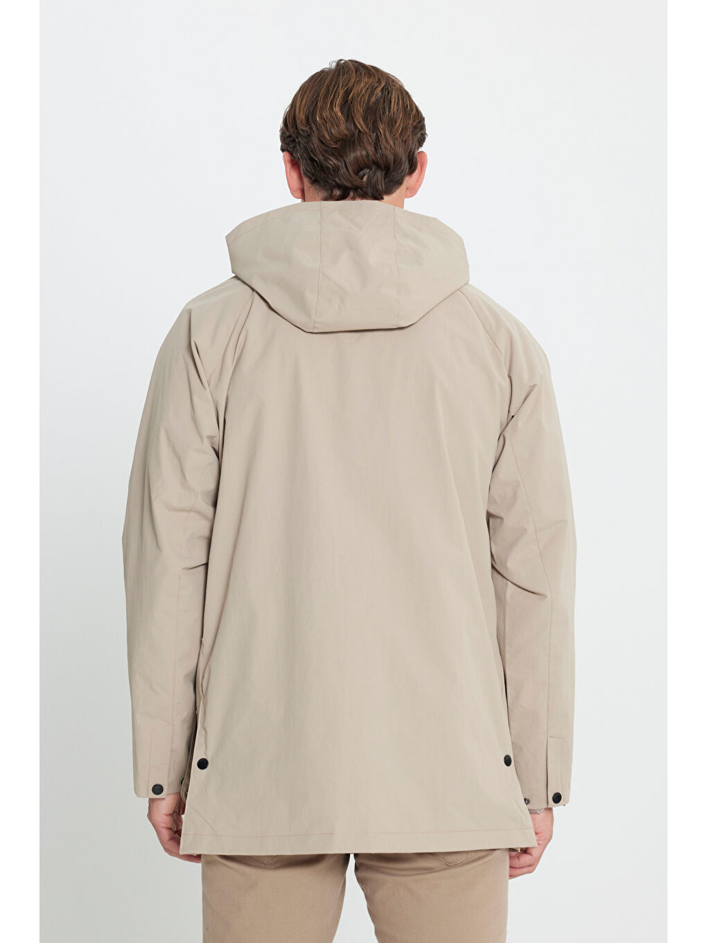Erkek Bej Kapüşonlu Dik Yaka Standart Fit Kaban-7