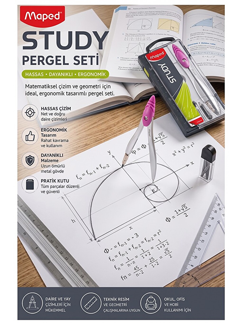 Pembe Metal Pergel 1 Adet Maped 119450 Pergel Seti Teknik Çizim Matematik Geometri Pergel Yedek Uçlu-4