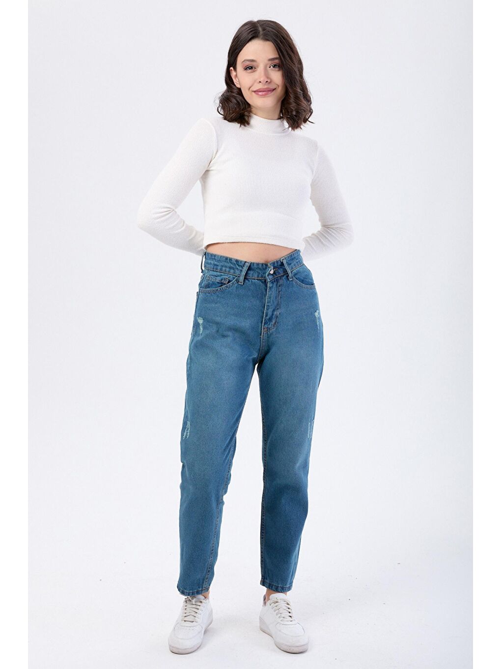 TOFİSA Yeşil Düz Orta Kadın Yeşil Yüksek Bel Mom Jeans - 23668