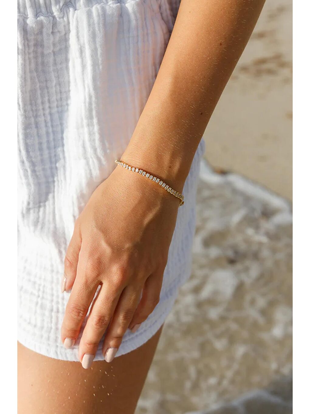 Sarı Zarif Taşlı Rhinestone Suyolu Gold Çelik Bileklik Ölçü Ayarlı