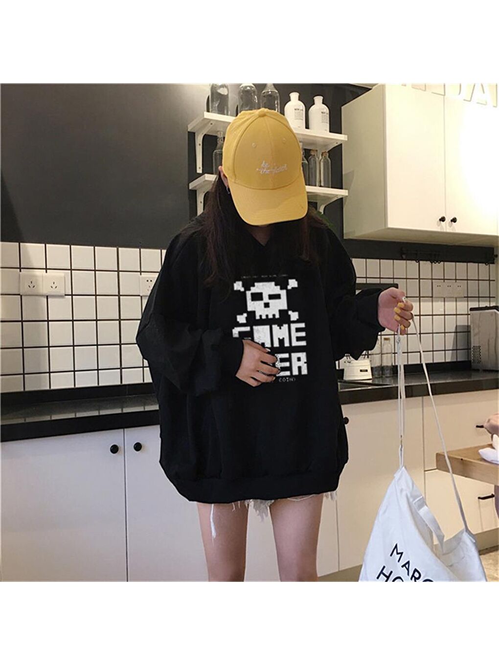 Touz Moda Siyah Game Over Baskılı Siyah Unisex Oversize Kapüşonlu Sweatshirt