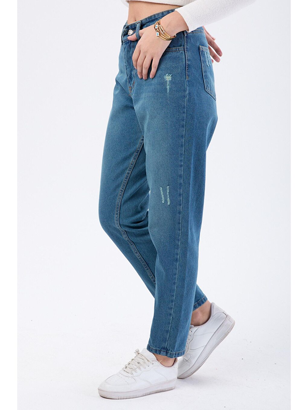 TOFİSA Yeşil Düz Orta Kadın Yeşil Yüksek Bel Mom Jeans - 23668 - 2