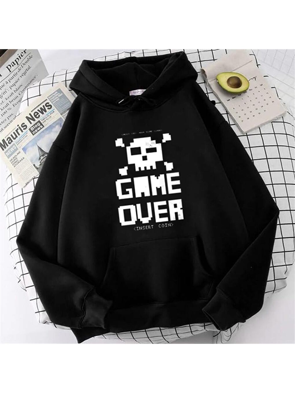 Touz Moda Siyah Game Over Baskılı Siyah Unisex Oversize Kapüşonlu Sweatshirt - 1