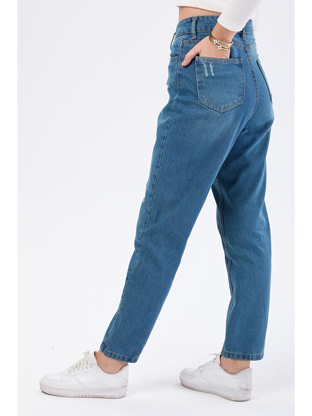 TOFİSA Yeşil Düz Orta Kadın Yeşil Yüksek Bel Mom Jeans - 23668 - 3