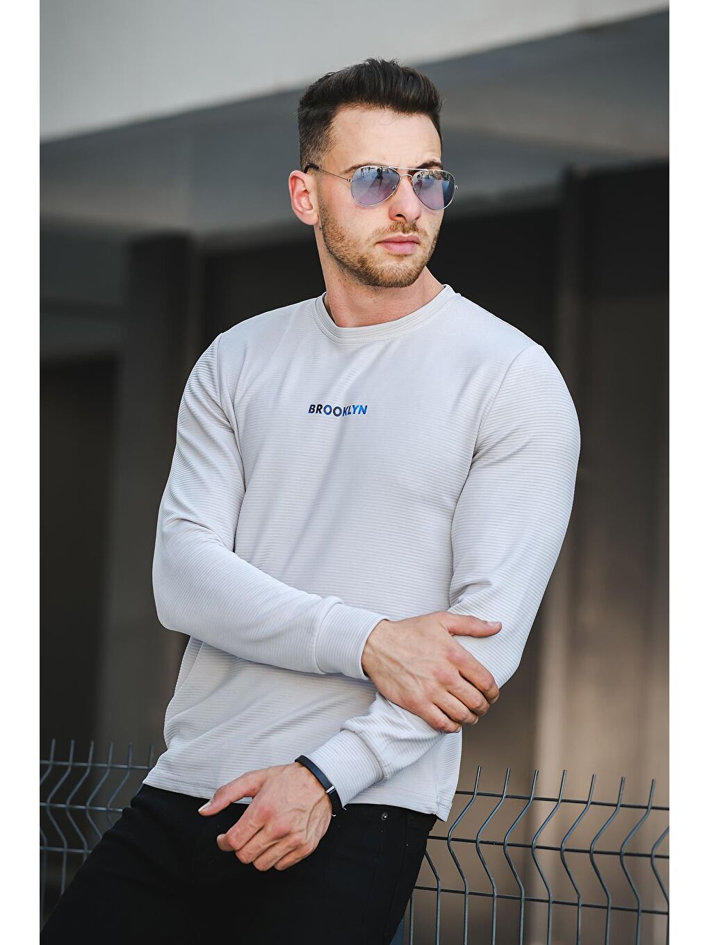 Gri Gorry Brooklyn Baskılı Çizgili Slim Fit Likralı Erkek Sweatshirt