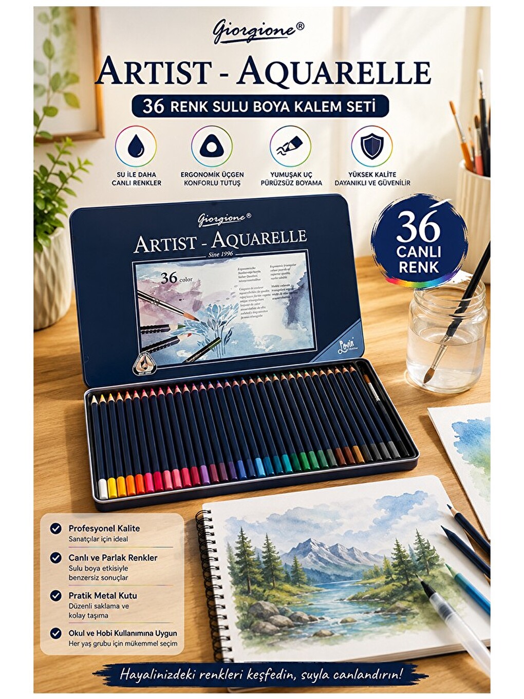Aquarel Suluboya Kalemi 36 Renk 1 Paket Giorgione Teneke Kutu Sulu Boya Kalemi 36 Lı Fırça Hediyeli
