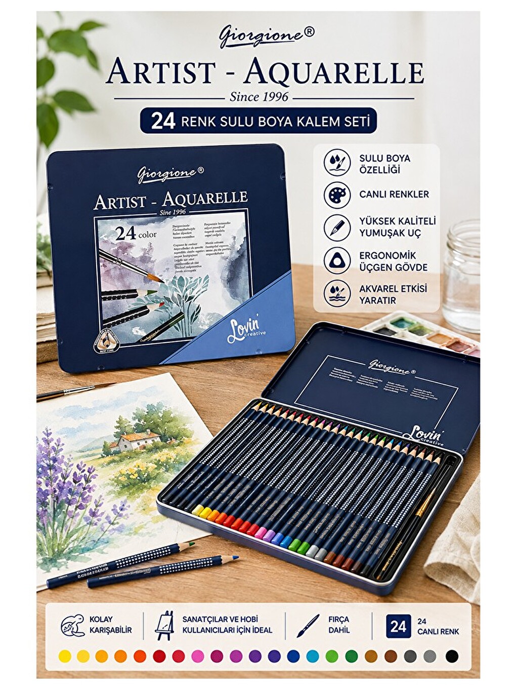 Aquarel Suluboya Kalemi 24 Renk 1 Paket Giorgione Teneke Kutu Sulu Boya Kalemi 24 Lü Fırça Hediyeli