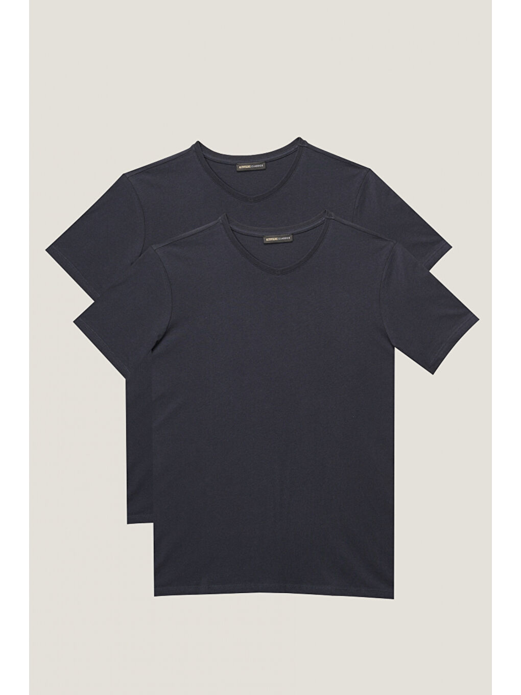 Erkek Lacivert Slim Fit Dar Kesim V Yaka 2'li Tişört Paketi