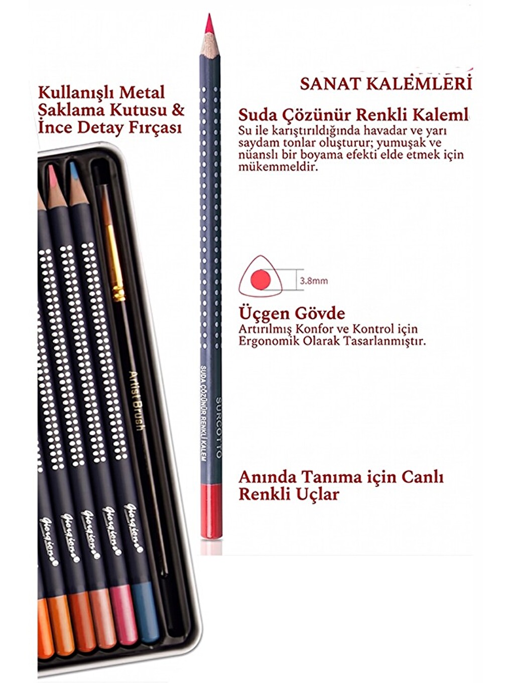 Aquarel Suluboya Kalemi 24 Renk 1 Paket Giorgione Teneke Kutu Sulu Boya Kalemi 24 Lü Fırça Hediyeli-2