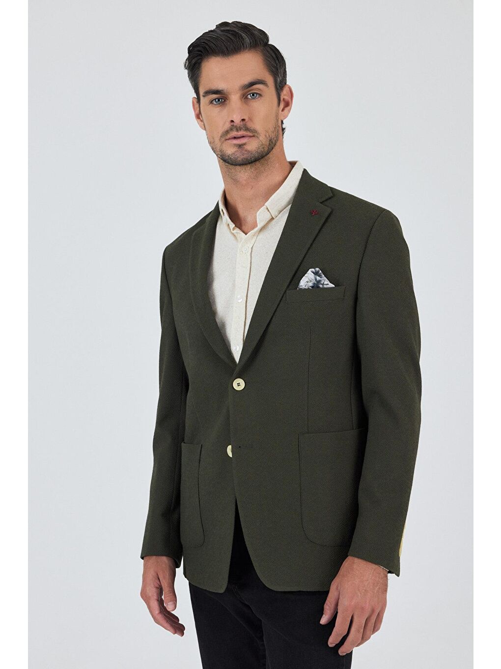 Koyu Haki Mono Yaka Gofreli  Esnek 6 Drop Slim Fit Casual  Ceket 1002250126