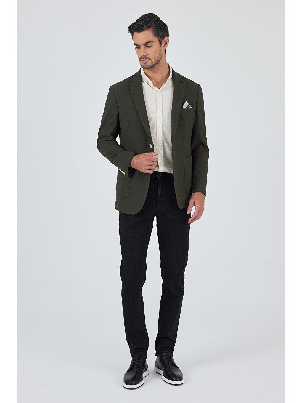 Koyu Haki Mono Yaka Gofreli  Esnek 6 Drop Slim Fit Casual  Ceket 1002250126-1