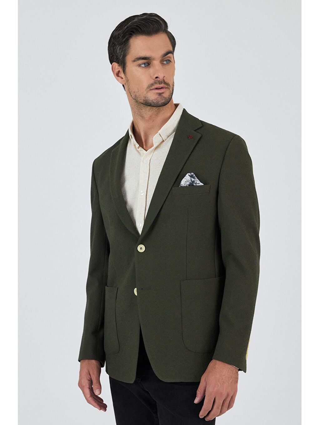 Koyu Haki Mono Yaka Gofreli  Esnek 6 Drop Slim Fit Casual  Ceket 1002250126-2