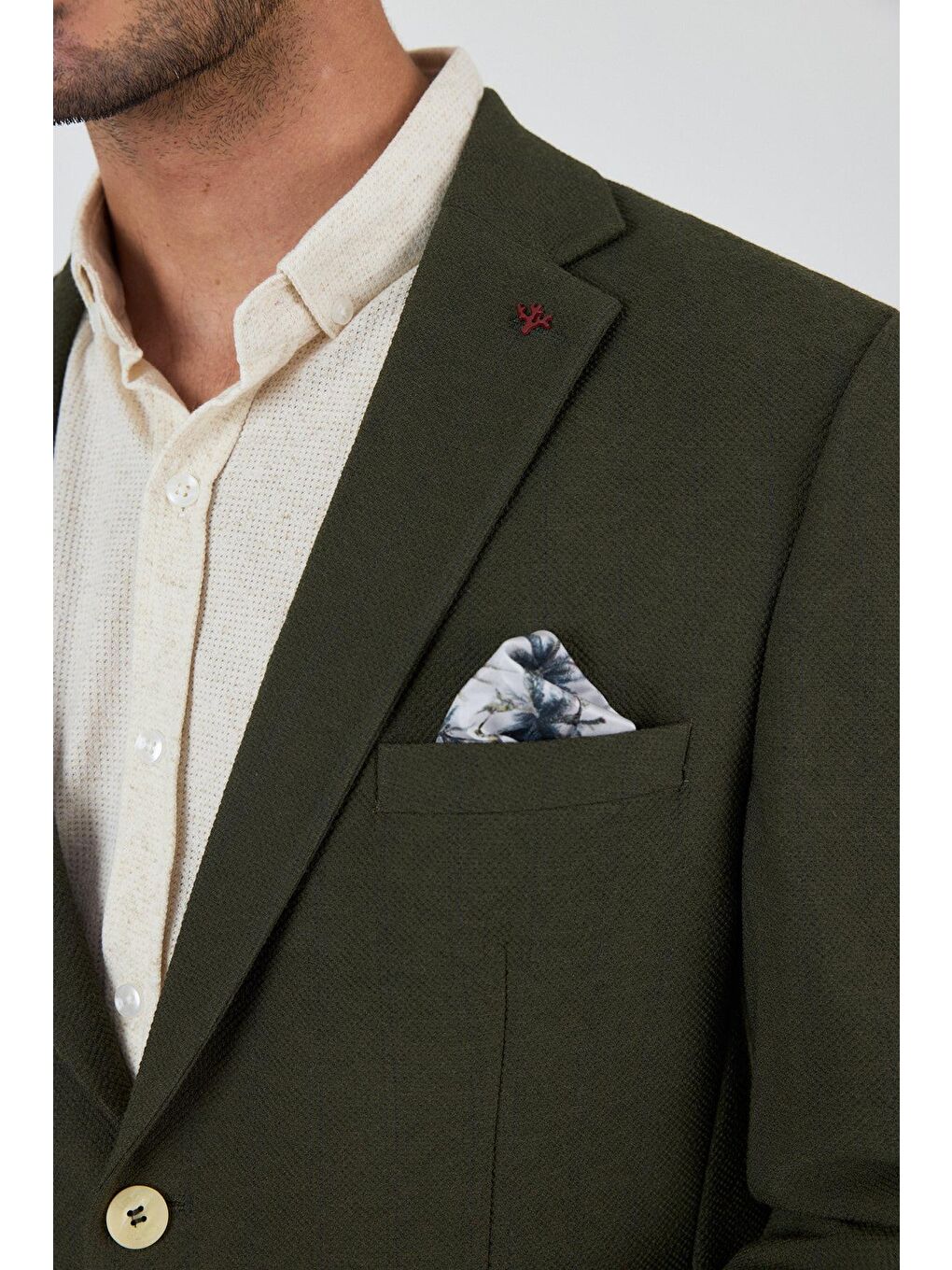 Koyu Haki Mono Yaka Gofreli  Esnek 6 Drop Slim Fit Casual  Ceket 1002250126-3