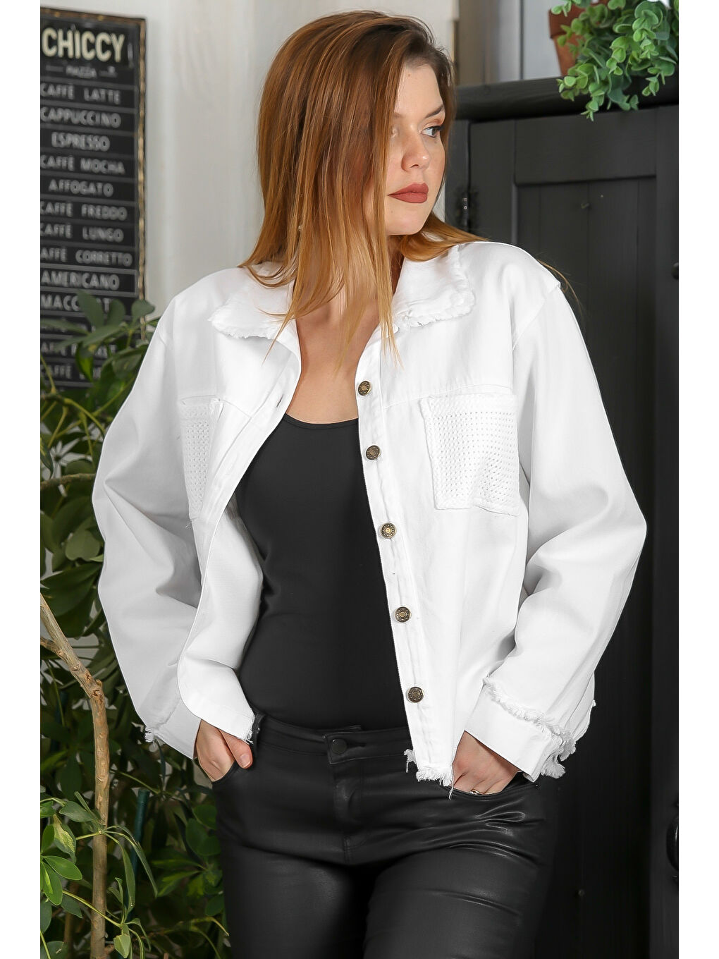 Chiccy Beyaz Ceket Yaka Manşetli Kollu Düğmeli Örgü Cepli Yıkamalı Casual Gabardin Denim Ceket