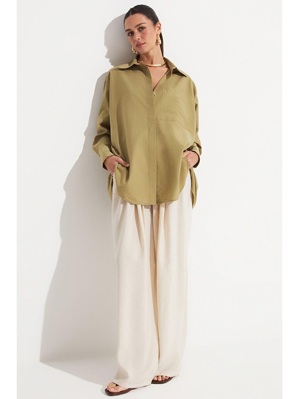 Bej Viskon Karışımlı Dökümlü Pantolon