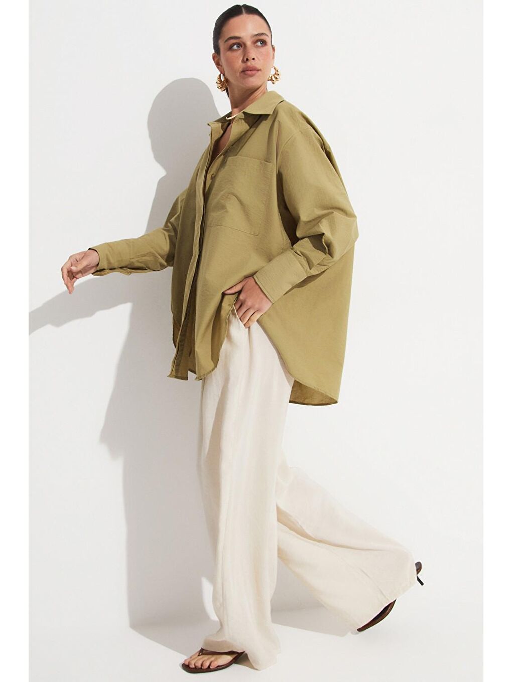 Bej Viskon Karışımlı Dökümlü Pantolon-1