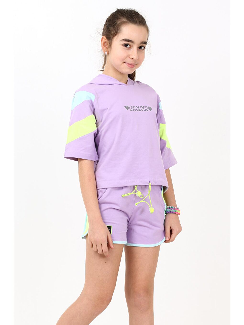 Mor Kız Çocuk İki Kalpli Şortlu Takım 10-15 Yaş 13857-1