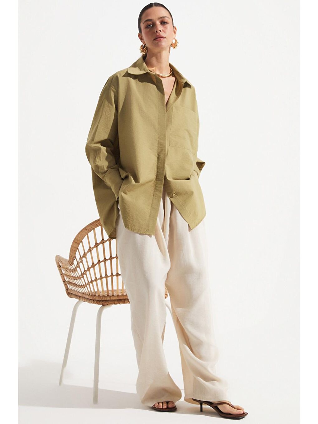 Bej Viskon Karışımlı Dökümlü Pantolon-4