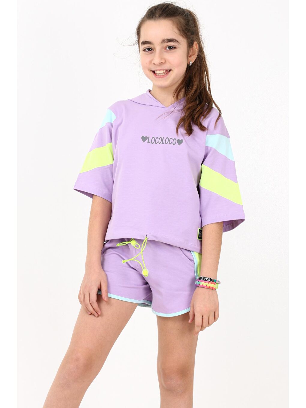 Mor Kız Çocuk İki Kalpli Şortlu Takım 10-15 Yaş 13857-2