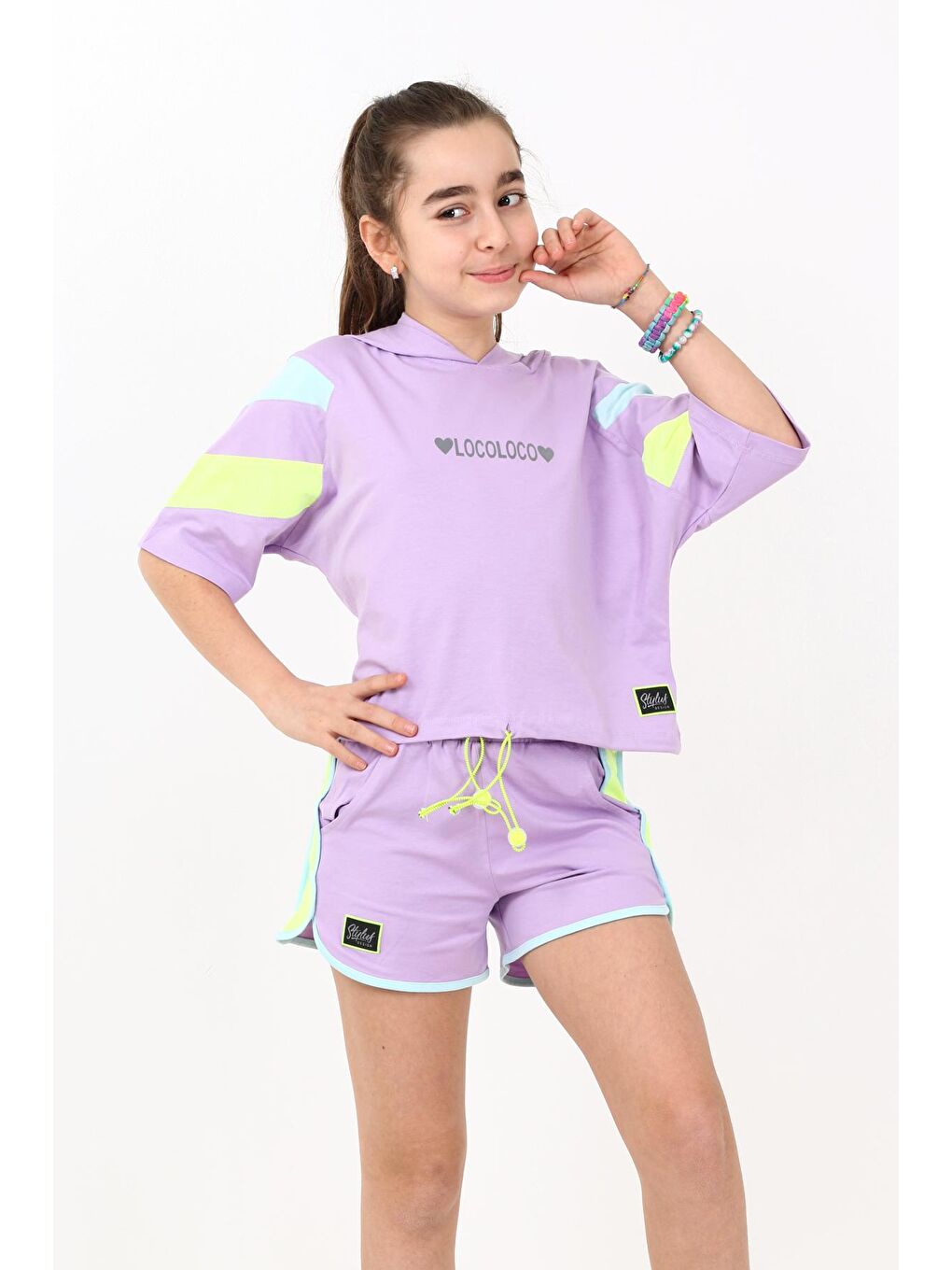 Mor Kız Çocuk İki Kalpli Şortlu Takım 10-15 Yaş 13857-3